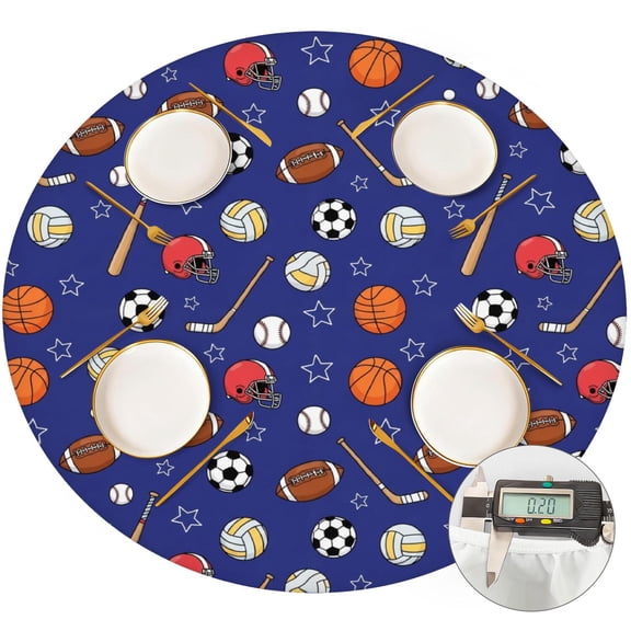 Football and Volleyball Navy Pattern Round Fitted Tablecloth with Elastic Edge, Waterproof Dining Table Cover for Indoor Outdoor Camping and Daily Use