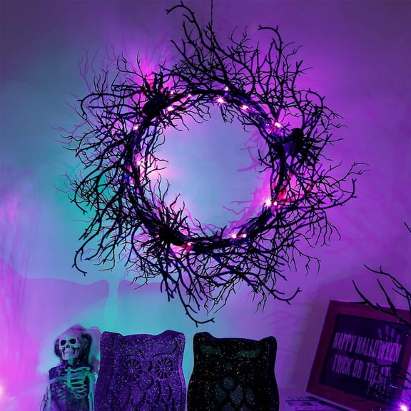 24" Halloween Wreaths with Lights for Front Door, LED Lighted Black Spider Wreath, Outdoor/Indoor Decorations for Halloween Party, Porch, Home Holiday Decor, Black
