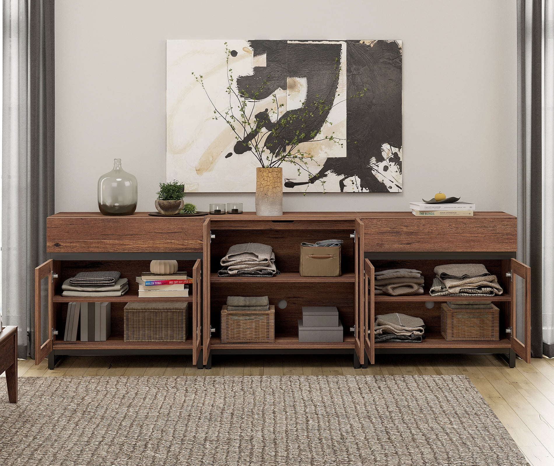 3 In 1 Modern Dresser with Glass Doors, 2 Drawers and Adjustable Shelves, Metal Base Storage Chest, Multifunctional Closet Organizer Cabinet for Bedroom,Brown