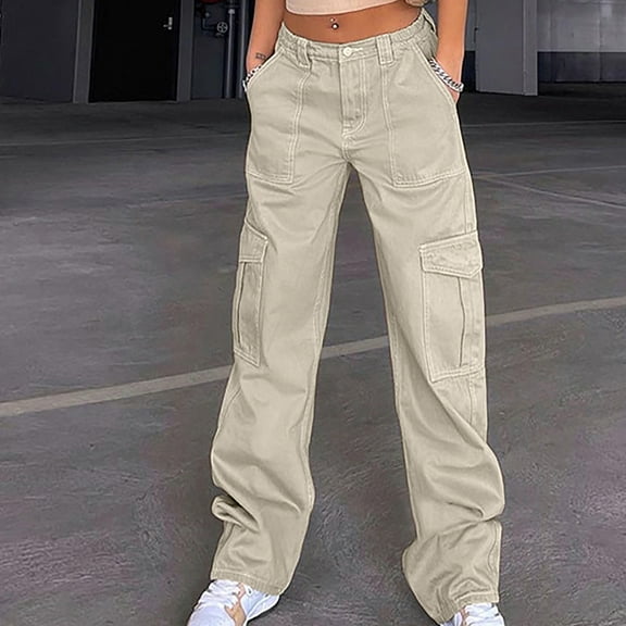 Women Jeans Wide Leg Cargo Jeans Fashion Mid Waisted Baggy Boyfriend Denim Trousers with Pockets