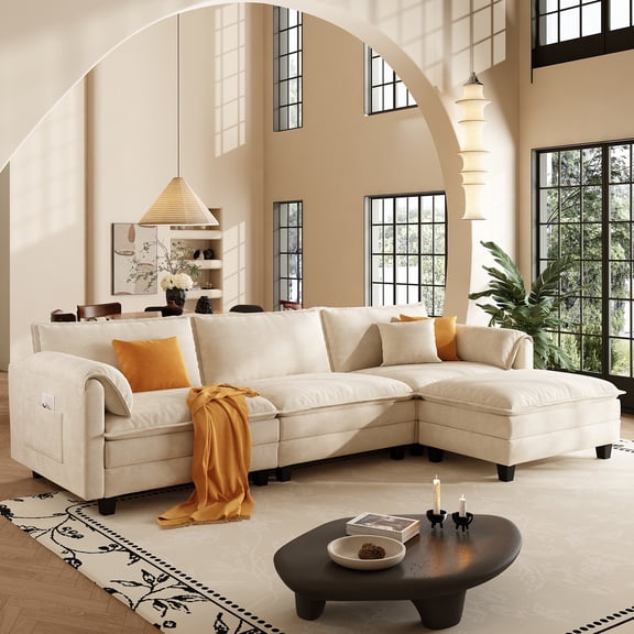 107" L Shaped Modular Sectional Cloud Couch with Pillow, Deep Seat Sofa Couches for Living Room, 4-Seat Modern Sofa with Movable Ottoman, Comfortable Living Room Couch