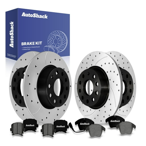 AutoShack Front Vented & Rear Solid Drilled & Slotted E-Coated Brake Rotors   Premium Ceramic Pads 12-PC Brake Kit Replacement for 2011 Volkswagen GTI ShadowGuard