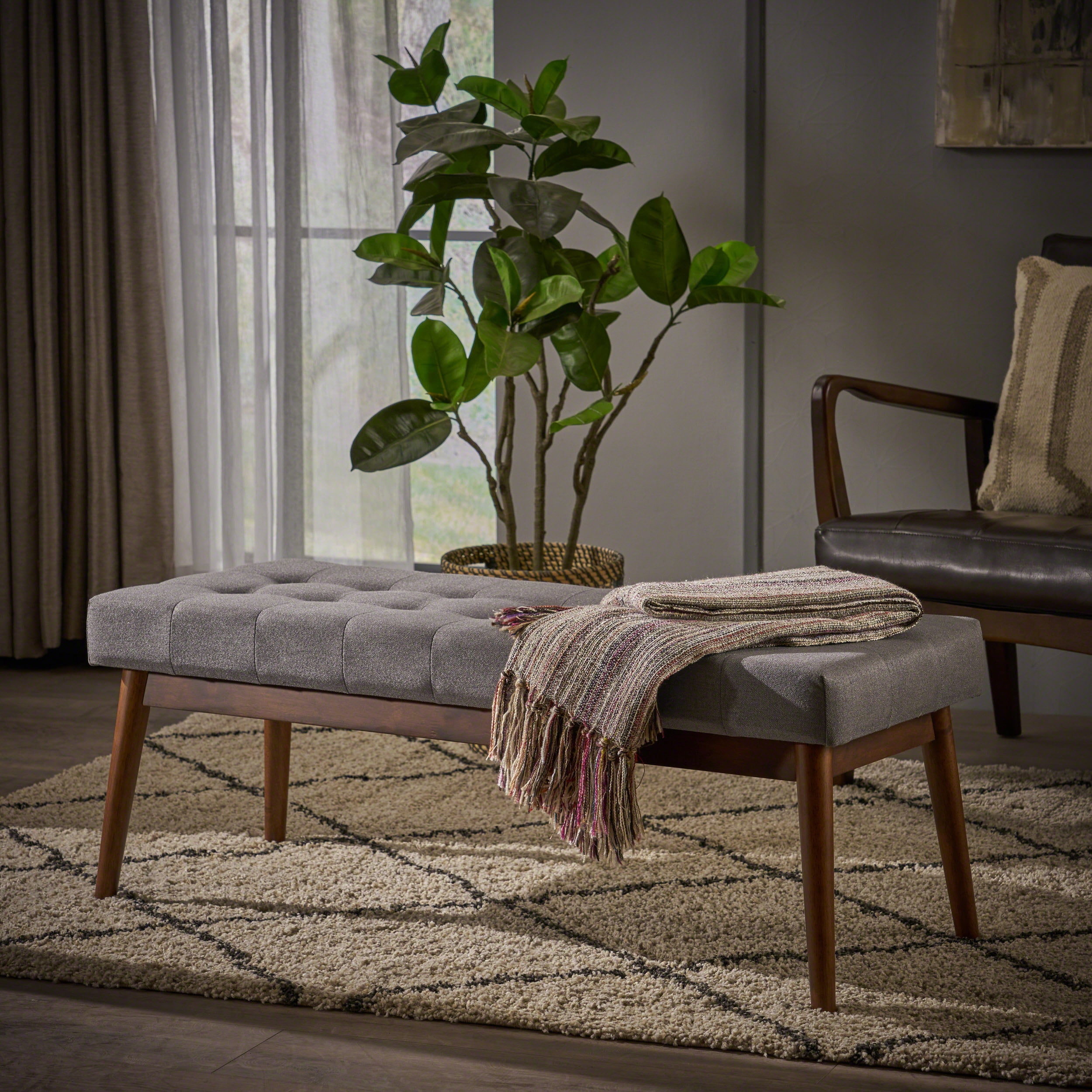 Bellamy Studios Marvin Mid Century Tufted Fabric Ottoman, Grey, Walnut