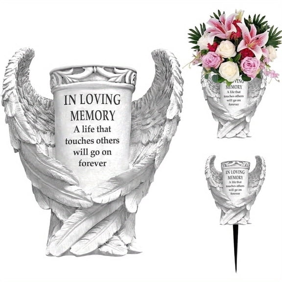 ROLITOTE Cemetery Vase for Grave Angel Wings Headstone Flower Holder with Ground Spike Waterproof Resin Outdoor Memorial Decoration
