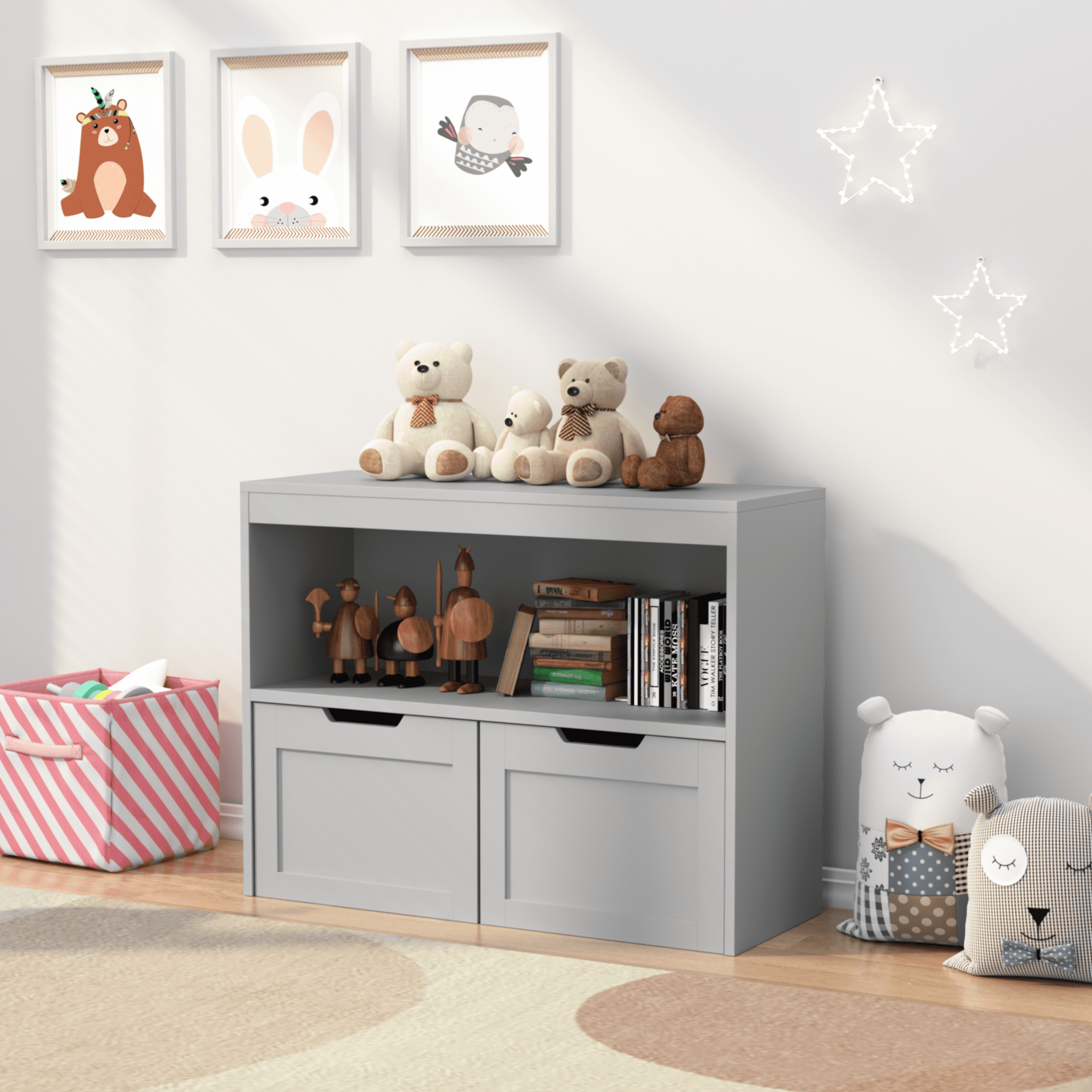 Leumius Kids Bookshelf and Toy Storage with 2 Removable Bins for Bedroom,Playroom,Gray