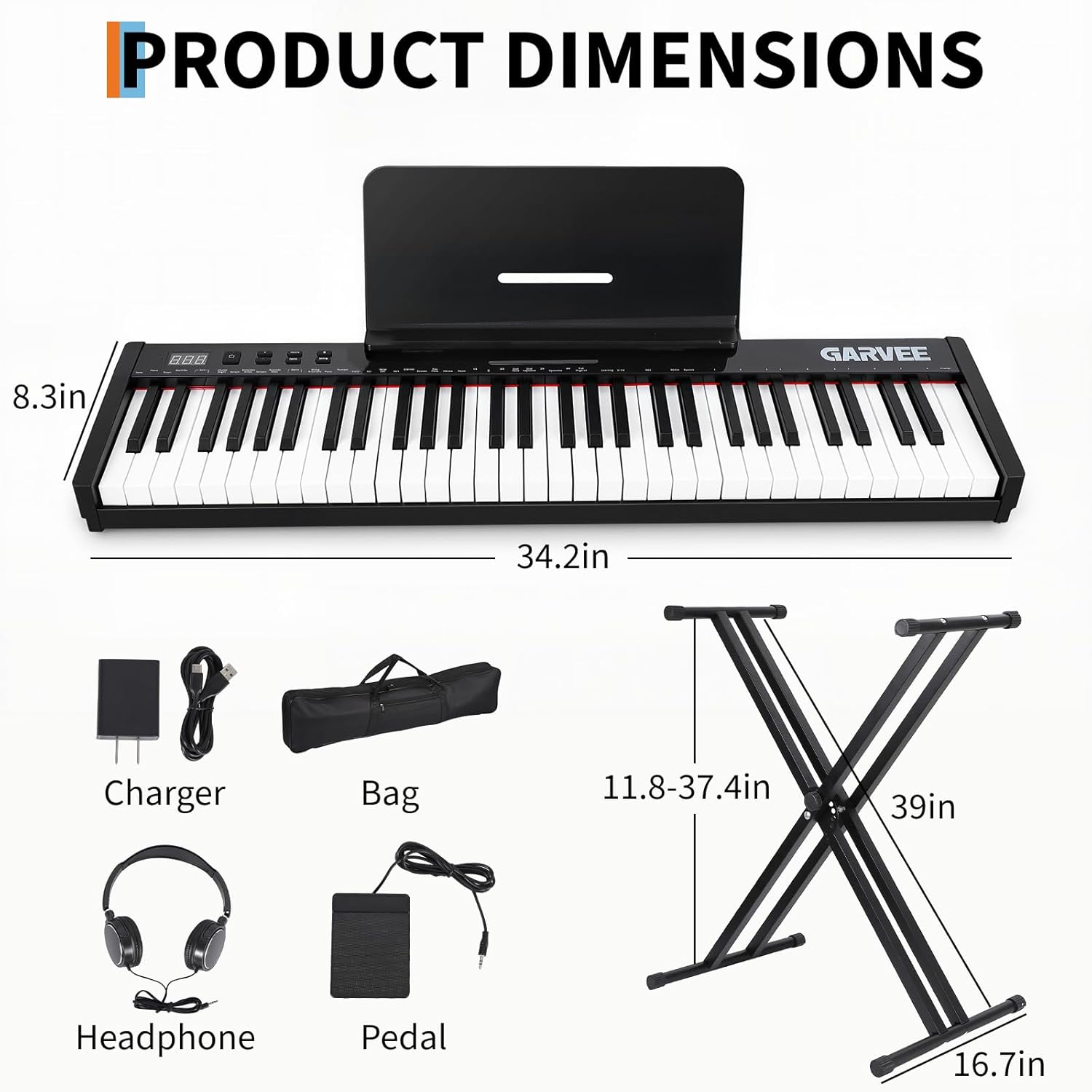 61-Key Portable Keyboard Piano,Electronic Keyboard Piano with Music Stand & Power Adapter, For Beginners to Professional Players,for Birthday or Christmas Gift