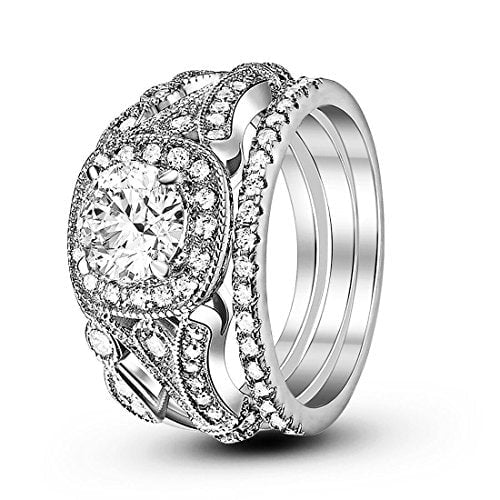 Three Piece Eternity Round Bridal Set Ring CZ 925 Sterling Silver Size 5