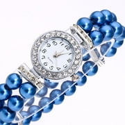 Vintage Era Pearl and Crystal Halo Stretch Elastic Watch for Woman Any Occasion Blue
