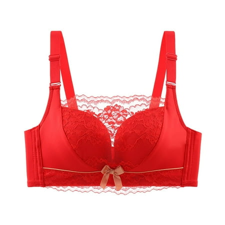 SMihono Women s Unlined Minimizer Bra Full Coverage Deep V Wirefree Push-Up Bralette Lace Everyday Mesh Embroidery Bras Red L