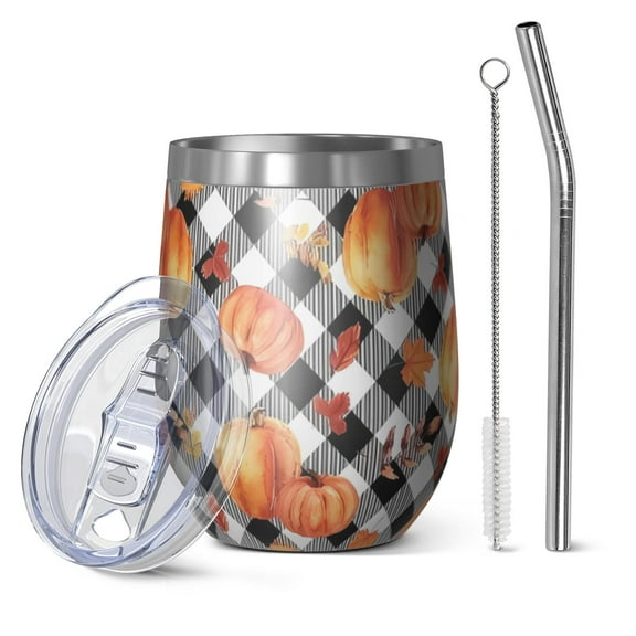 12oz Stemless Wine Tumblers Fall Pumpkins Leaves Pattern Vacuum Insulated Stainless Steel Travel Tumbler Cups Mug with Lid and Straw for Champaign,Cocktail,Beer with Cleaning Brush