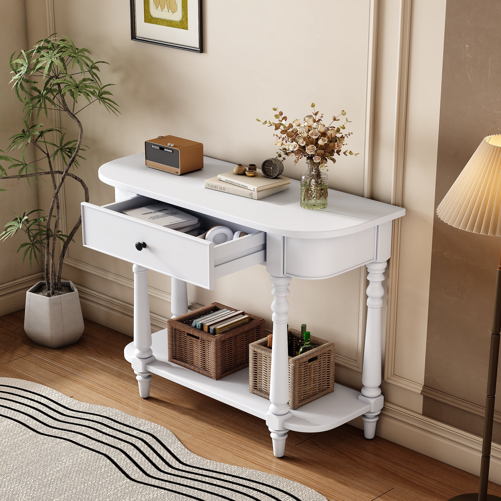 EUROCO 36" Retro Console Table with Drawer,Solid Wood Entryway Table Sofa Table with Open Storage Shelf and Corner-Curved Design for Entryway, Hallway and Living Room,White