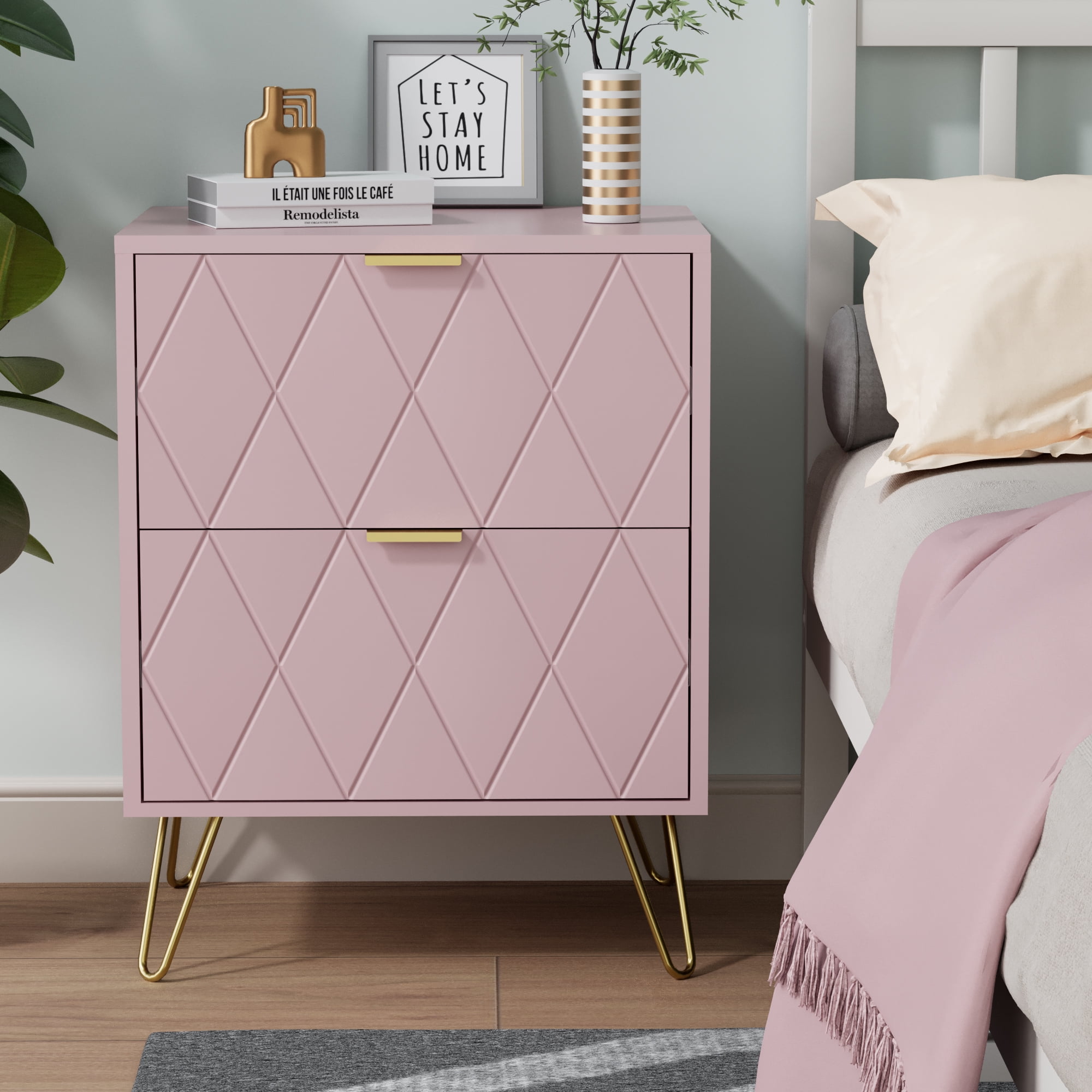 Eclife Set of 2 Pink Nightstands Gold Handles and Legs Wide Sturdy Side Table Cabinet for Bedroom Home Adult Kids