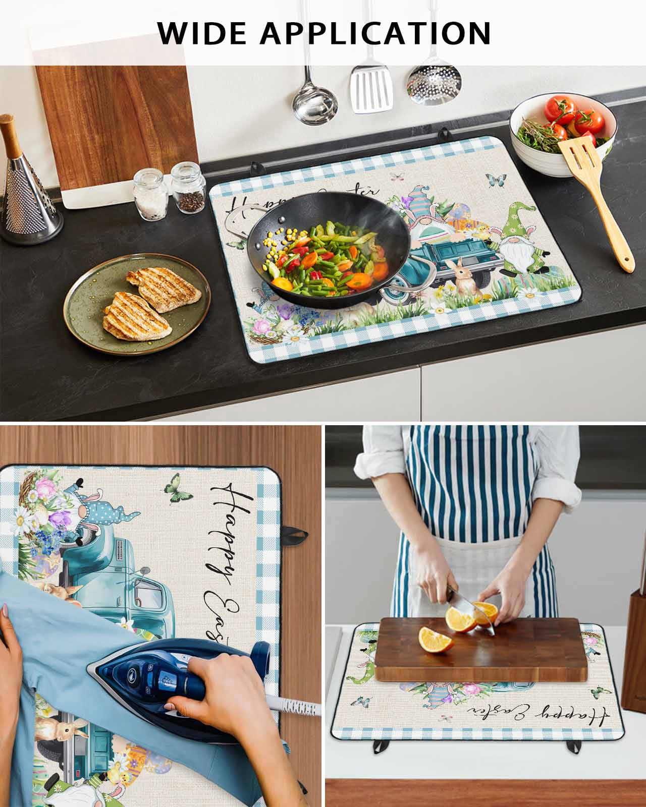 Large Induction Cooktop Protector Mat Easter Stove Top Covers for Electric Stove, Blue Plaid Truck Eggs Bunny Spring Floral Gnomes Rustic Decorative Stove Burner Cover Mats, Glass Top Stove Cover