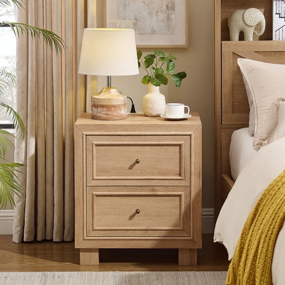 IFMust Nightstand with Charging Station, French Style Bedside Table with 2 Drawers for Bedroom,Natural Oak