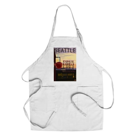 Washington Sign - Seattle, Washington - Pike Place Market Sign & Water - Lantern Press Artwork (Cotton/Polyester Chef's Apron)