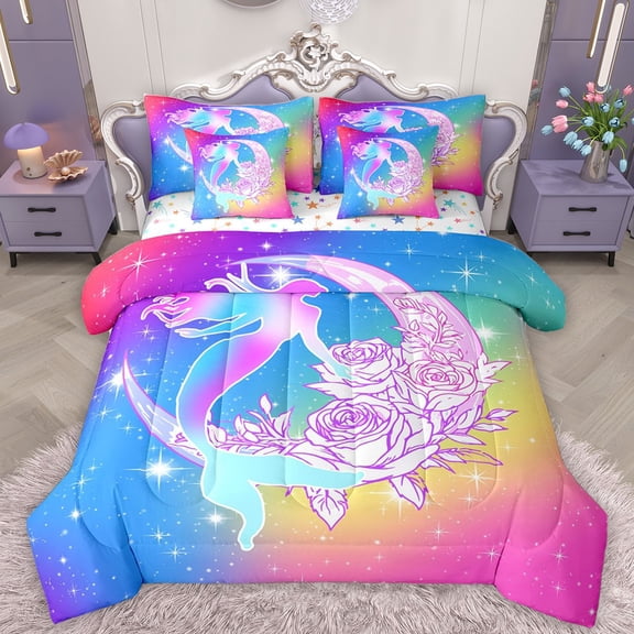 Homewish Ocean Mermaid 7-Piece Twin Bedding Set - Princess Gradient Flowers