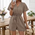 thumbnail image 3 of Morttic Women's Solid Color Casual V-Neck Short Sleeve Jumpsuit – Elastic Drawstring Waist Summer Daily & Vacation Wear Brown，XL, 3 of 7
