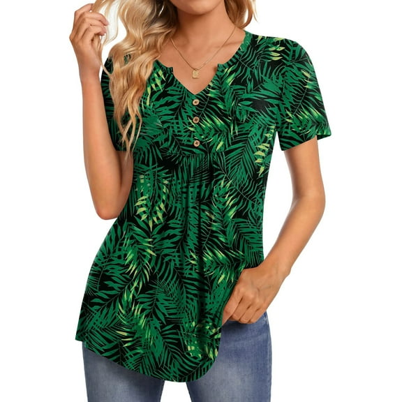 Fantaslook Womens Tunic Tops Casual Short Sleeve Shirts V Neck Button Pleated Blouses Floral Summer Tops