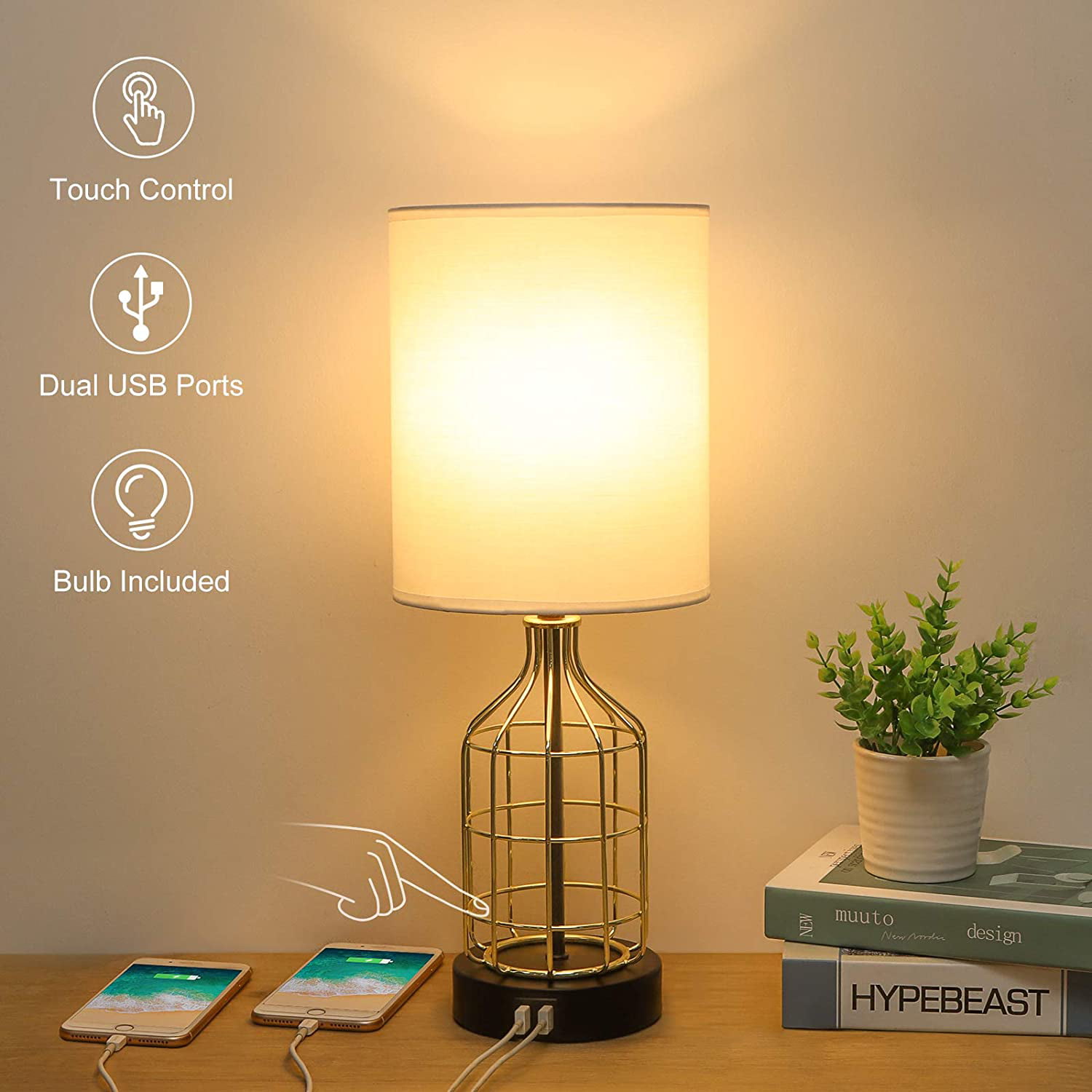 Table Lamp With 2 Usb Charging, Touch Control Bedside Lamp With 2 Usb Ports