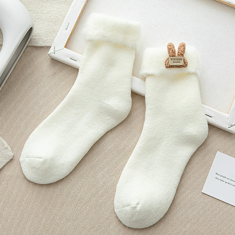 GENEMA Women Winter Thicken Warm Crew Socks Japanese Style Cute Cartoon  Rabbit Faux Fur Trim Velvet Lining Thermal Snow Hosiery 