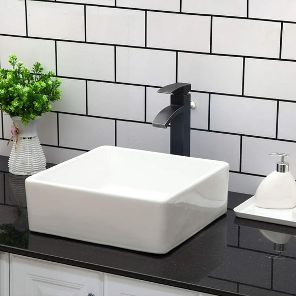 Kichae Fregadero cuadrado de 15 x 15 para baño, porcelana, cerámica, blanco, lavabo sobre encimera, moderno fregadero para gabinete, lavabo, hotel, lavabo artístico, lavabo para el hogar