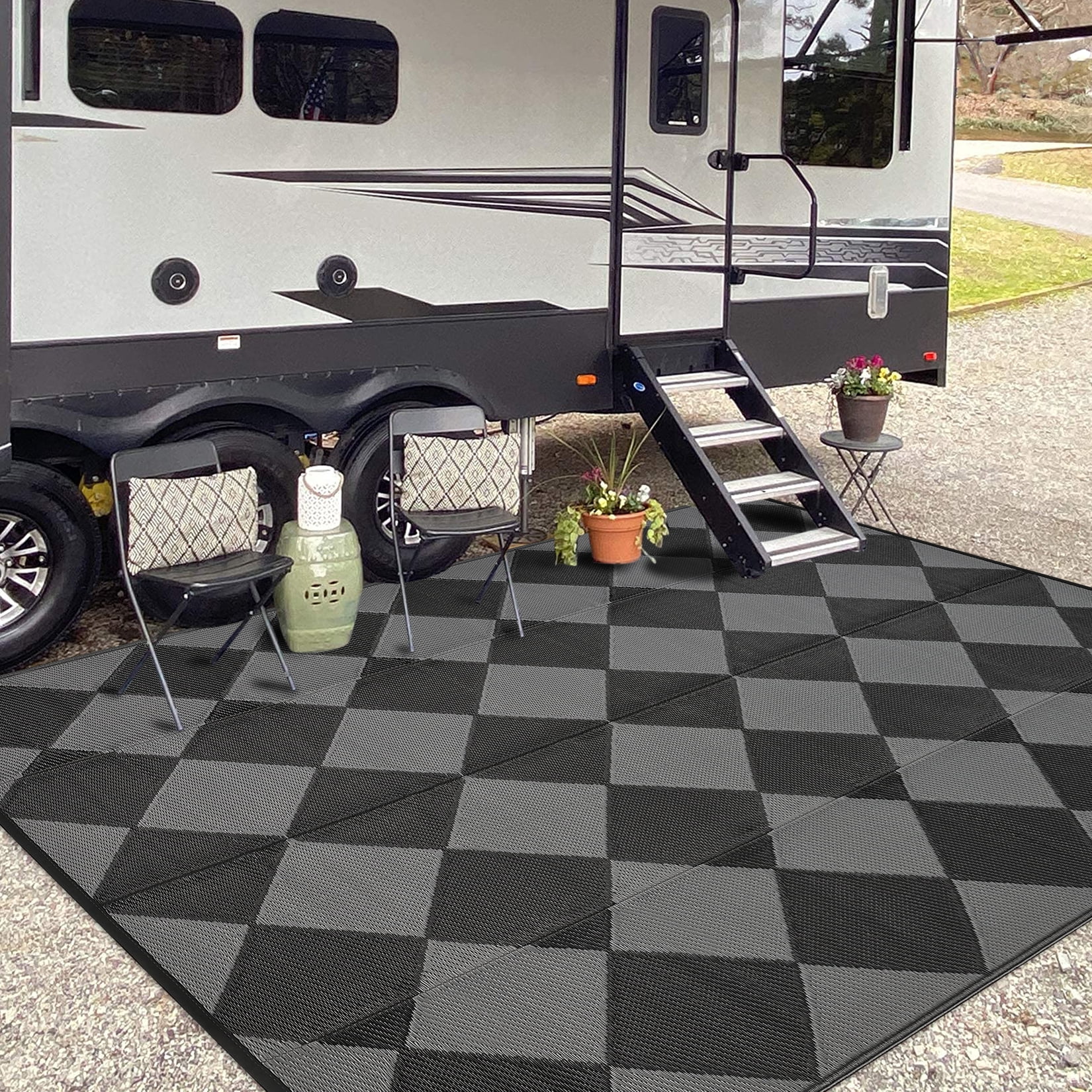 Garvee Outdoor Rug 8'x10' Waterproof Patio Rug, Portable Modern Geometric Plastic Outdoor Carpet for Camping,Deck, Backyard, Porch Decor, with Storage Bag, Black and Gray