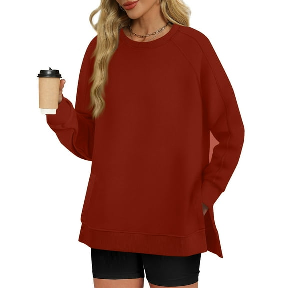 ClodeEU Sweatshirts for Women,Long Sleeve Side Slit Crewneck Shirts，Loose Fit Pullover,Casual Tops Wine,Womens Plus L