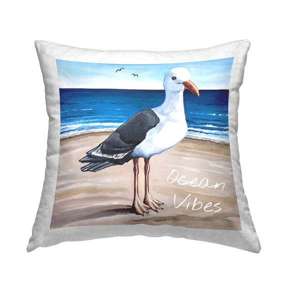 Stupell Industries Ocean Vibes Seagull Standing Vivid Beach Shore Design by Elizabeth Tyndall Throw Pillow