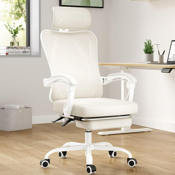 Farini Ergonomic Office Chair with Footrest, Mesh Office Desk Chair with Headrest, High Back Computer Chair with Adjustable Lumbar Support for Home Office Study Room Bedroom, White & Beige