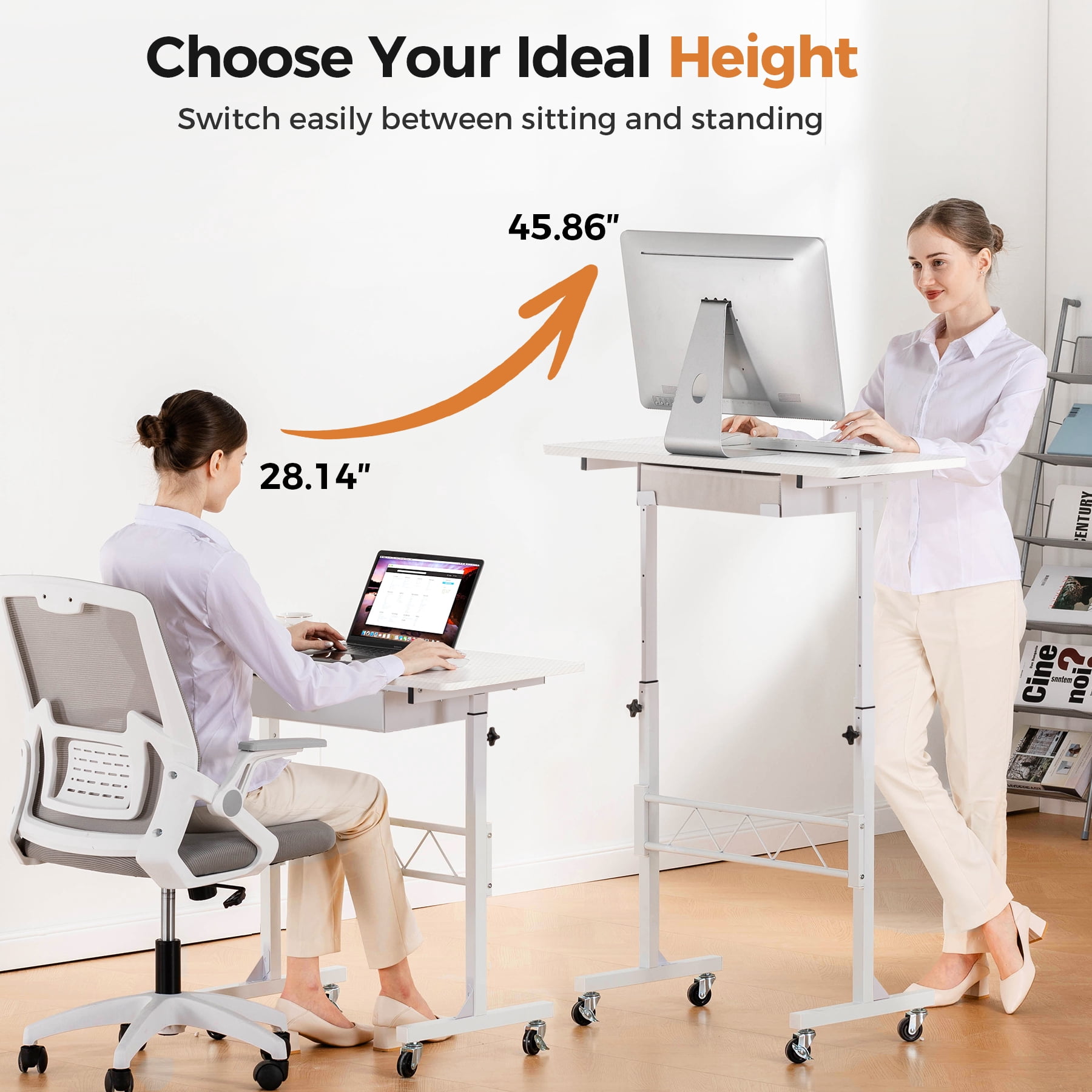 EXRACING Adjustable Standing Desk, 32" Portable Rolling Laptop Table with Wheels, Small Sit-Stand Computer Workstation，White