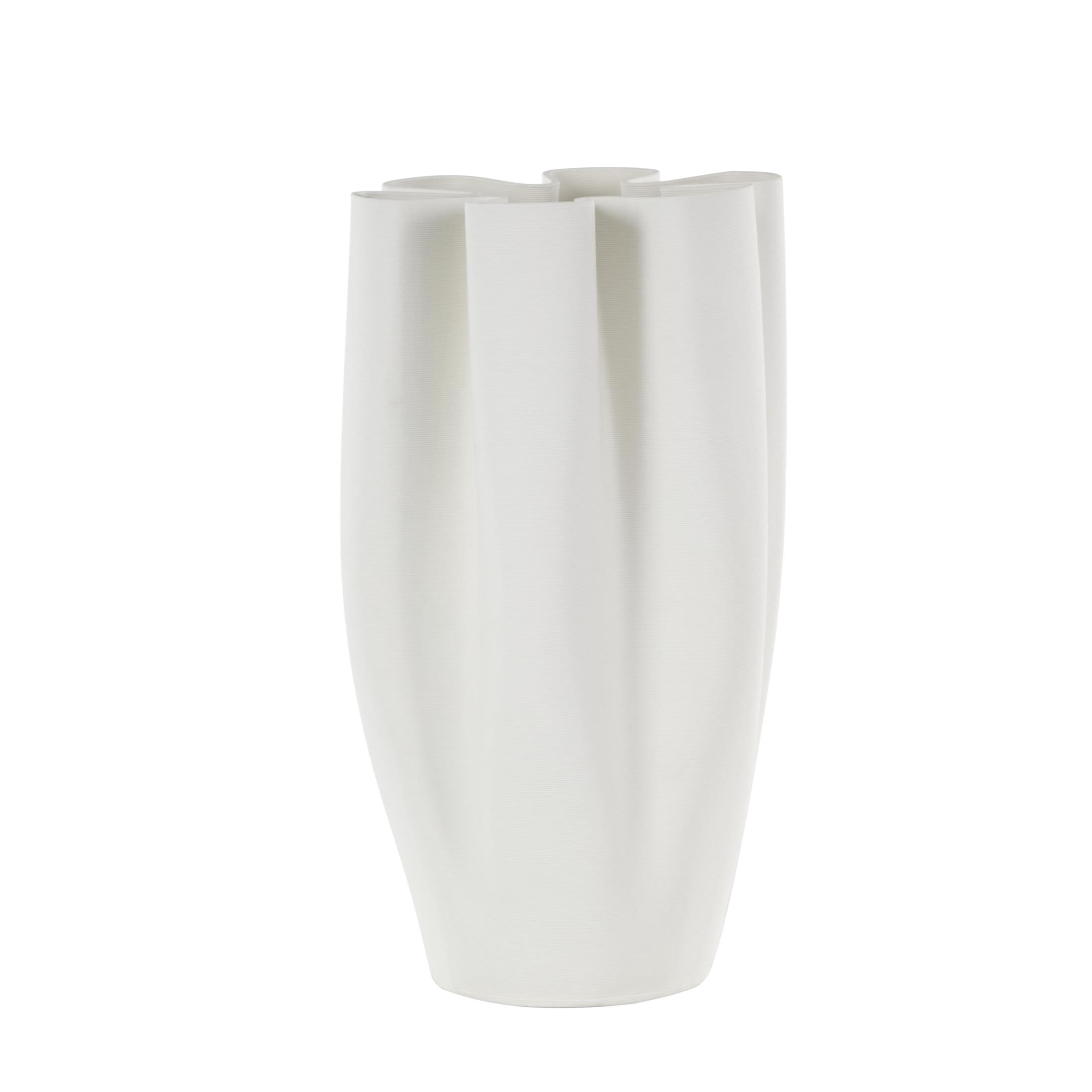DecMode 13" Abstract Ribbed Dimensional Folded White Ceramic Vase with Floral Shaped Rim