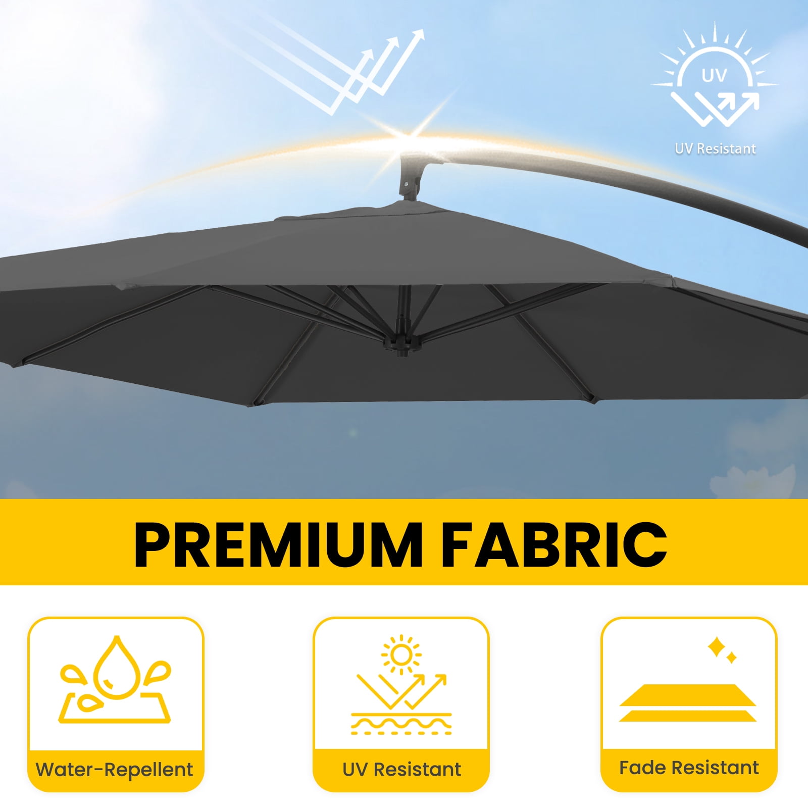 FUNDAZE 8x8ft Hanging Cantilever Patio Umbrella with Base, Square Outdoor Sun Shade with Crank & Tilt for Garden, Backyard, Deck,Gray
