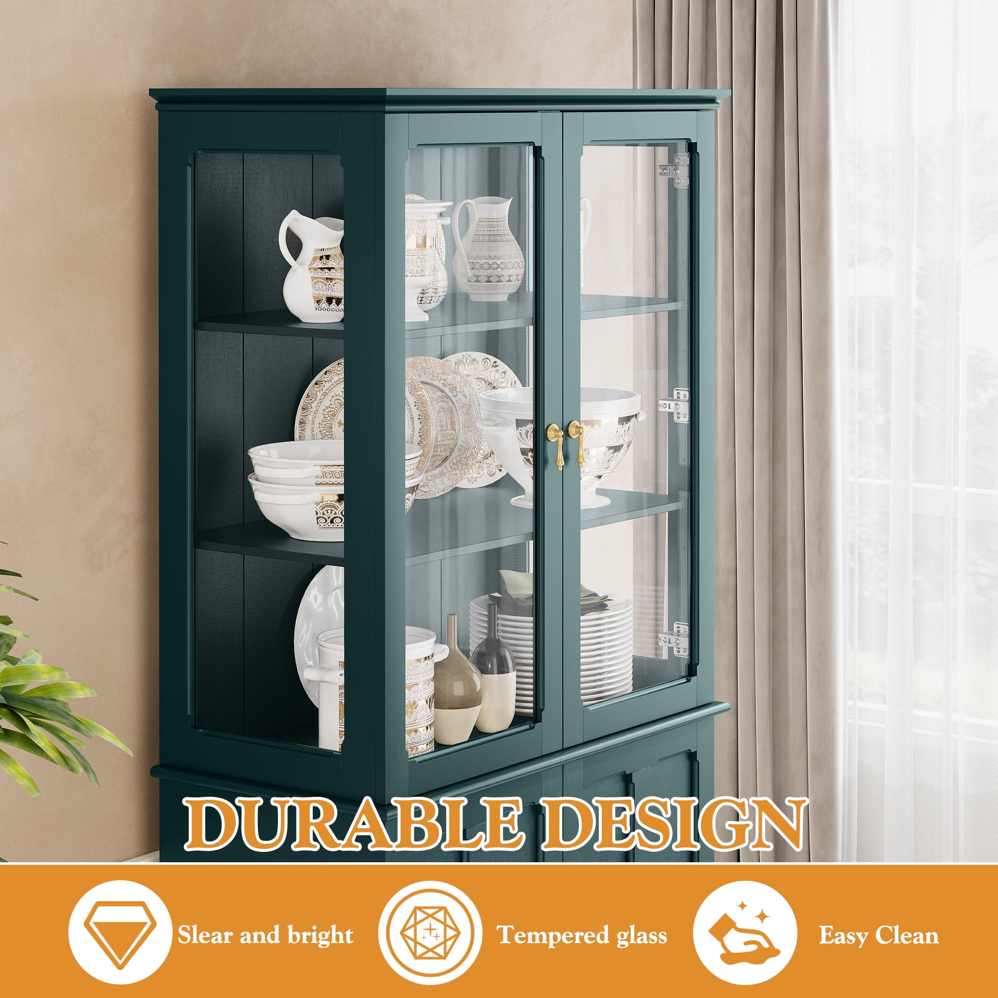 HLR 72 Freestanding Kitchen Pantry Storage Sideboard with Adjustable Shelves, Glass Display Cabinet, Dark Teal