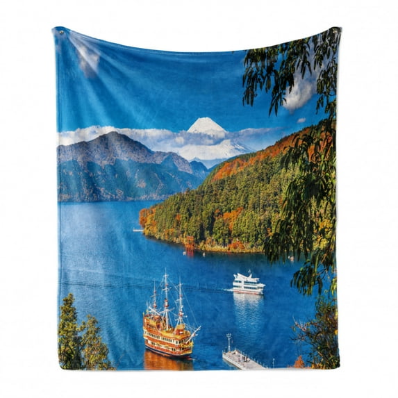 Pirate Ship Soft Flannel Fleece Throw Blanket, Lake Ashi Mount Hill Japan Town Hakone Travel Touristic Destination, Cozy Plush for Indoor and Outdoor Use, 60" x 80", Green Blue Orange, by Ambesonne