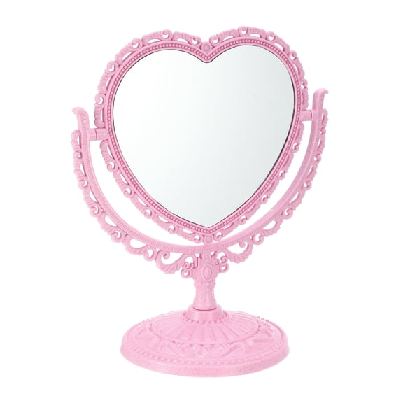 Unique Bargains Love Heart Shaped Makeup Mirror Double Sided Makeup Mirror Rotating Makeup Desk Mirror for Women Pink