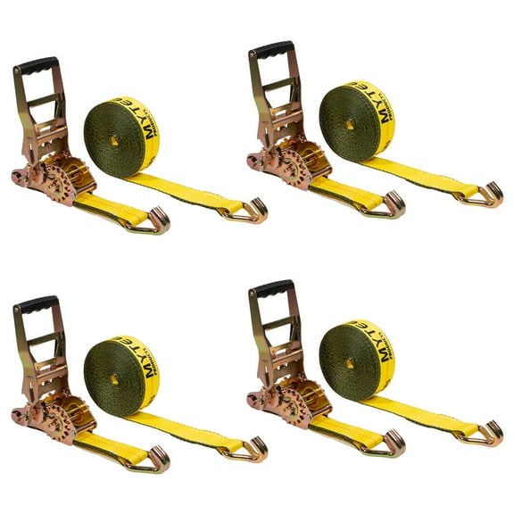 4 Pack 2"x27' Self-Tensioning Ratchet Strap with J Hooks - 10,000 lbs BS - Heavy Duty Tie Down Large Bar Handle and Cargo Straps with Wire Hooks for Flatbed, Trucks, Pickup - Yellow