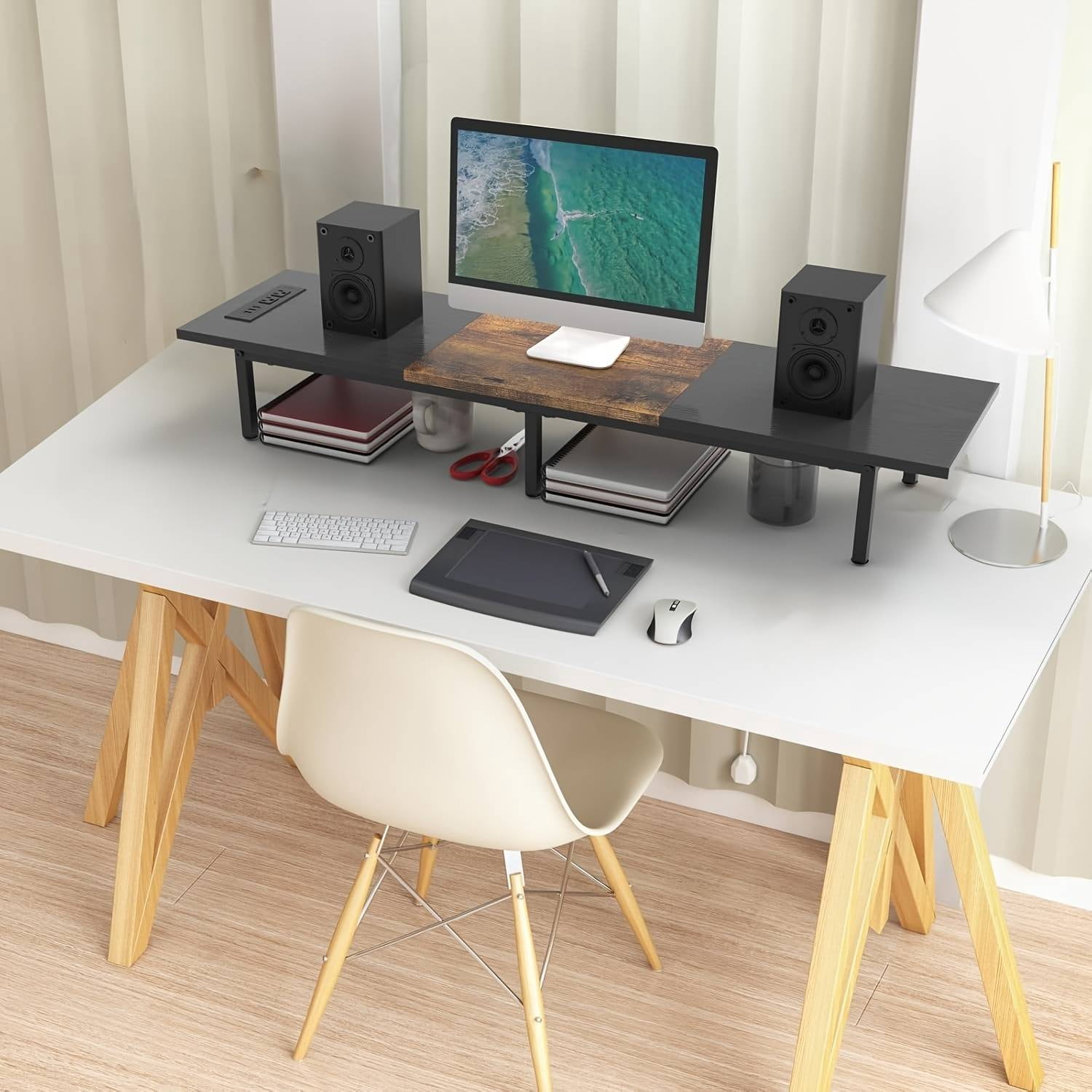 37.5" Extra Long Dual Monitor Stand Riser, Wood & Steel Desktop Organizer for 2 Monitors, TV/Laptop/Printer Holder with Integrated USB Ports, Black&Brown