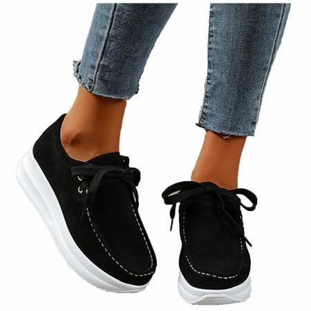 Sexlip Women s Leather Platform Loafers Shoes Suede Moccasins Good Arch Slip On Shoe Non-Slip Thick Sole Comfort Fashion Wide Low Top Loafers Black 42