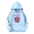 thumbnail image 3 of Moonsky Sudadera con capucha y cordón HUNTRX, estampado de grupo de chicas coreanas, jersey corto, suave y cómodo, top de manga larga para primavera y otoño. Azul claro 130, 3 of 4