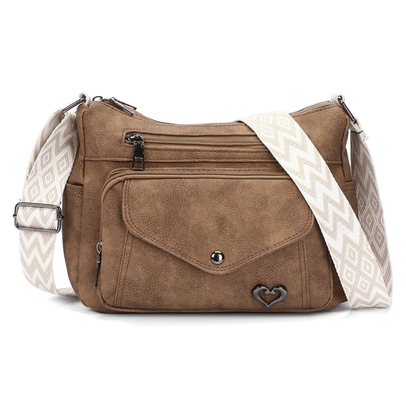 GOIACII Leather Crossbody Bag for Women,Multi Pocket Shoulder Purse with Wide Adjustable Strap,Casual Everyday Travel Handbag