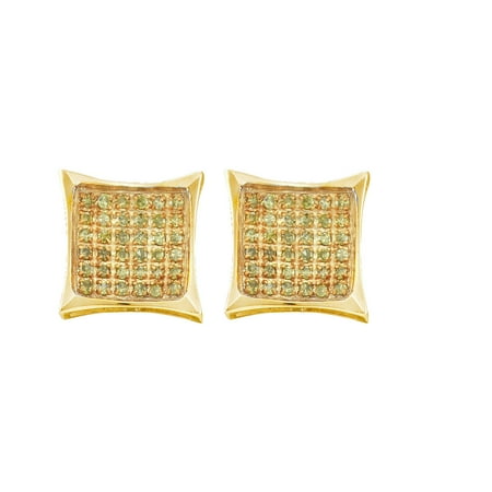 10K Yellow Gold Canary Yellow Diamond Princess Shaped Fine Design Earrings 1/10 Ctw