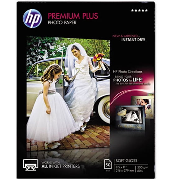 HP Premium Plus Photo Paper, 11.5 Mil, 8.5 x 11, Soft-Gloss White, 50/Pack