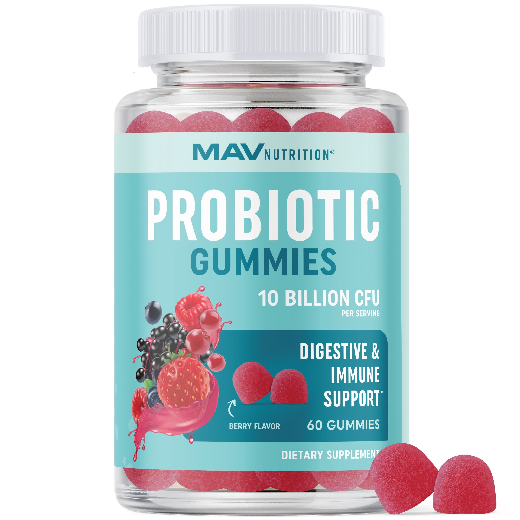 MAV Nutrition Probiotic Gummies with Vitamin C and Folic Acid 10 Billion CFU Probiotics for Gut Health, Digestion and Immune System Support Gluten-Free, Non-GMO 60 Ct.