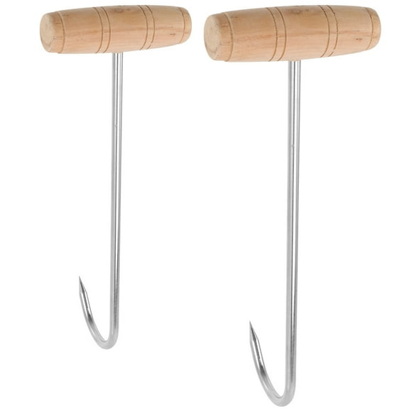 Monyance meat hook for butcher shop Meat Processing Equipment 2pcs Stainless Steel T Shaped Hooks with Wood Handle(7.87X4.13X2.76Inches)