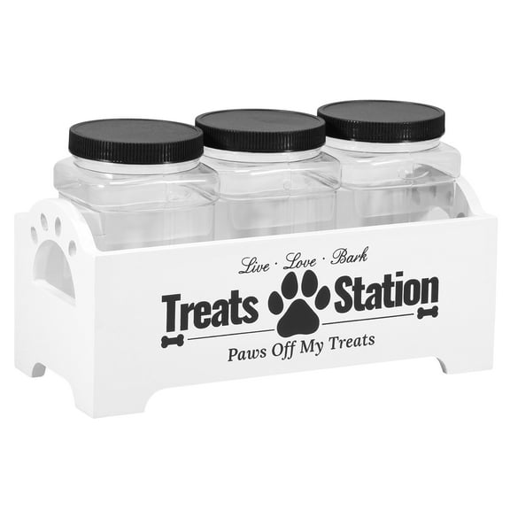 Dog Treat Container with 3 Plastic Wood Dog Treat Jars Cute Dog Food Container Reusable Cat Food Container Decorative Dog Treat Holder for Dog and Cat