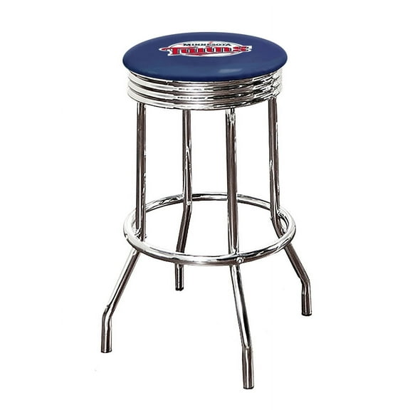 The Furniture King Bar Stool 24" or 29" Tall Backless Chrome Metal Stool Featuring Your Favorite Baseball Team Logo on a Colored Vinyl Swivel Seat Cushion - Twins on Blue