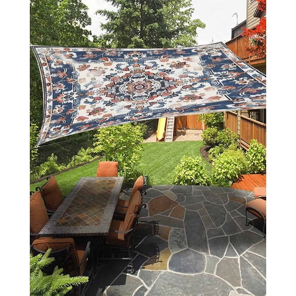 Sun Shade Sail 14x18Ft Boho Vintage Blue and Red Floral Distressed Uv Block Sunshade Canopy Outdoor Shade Cover Rectangle Shade Cloth For Patio Garden Yard Deck Pergola