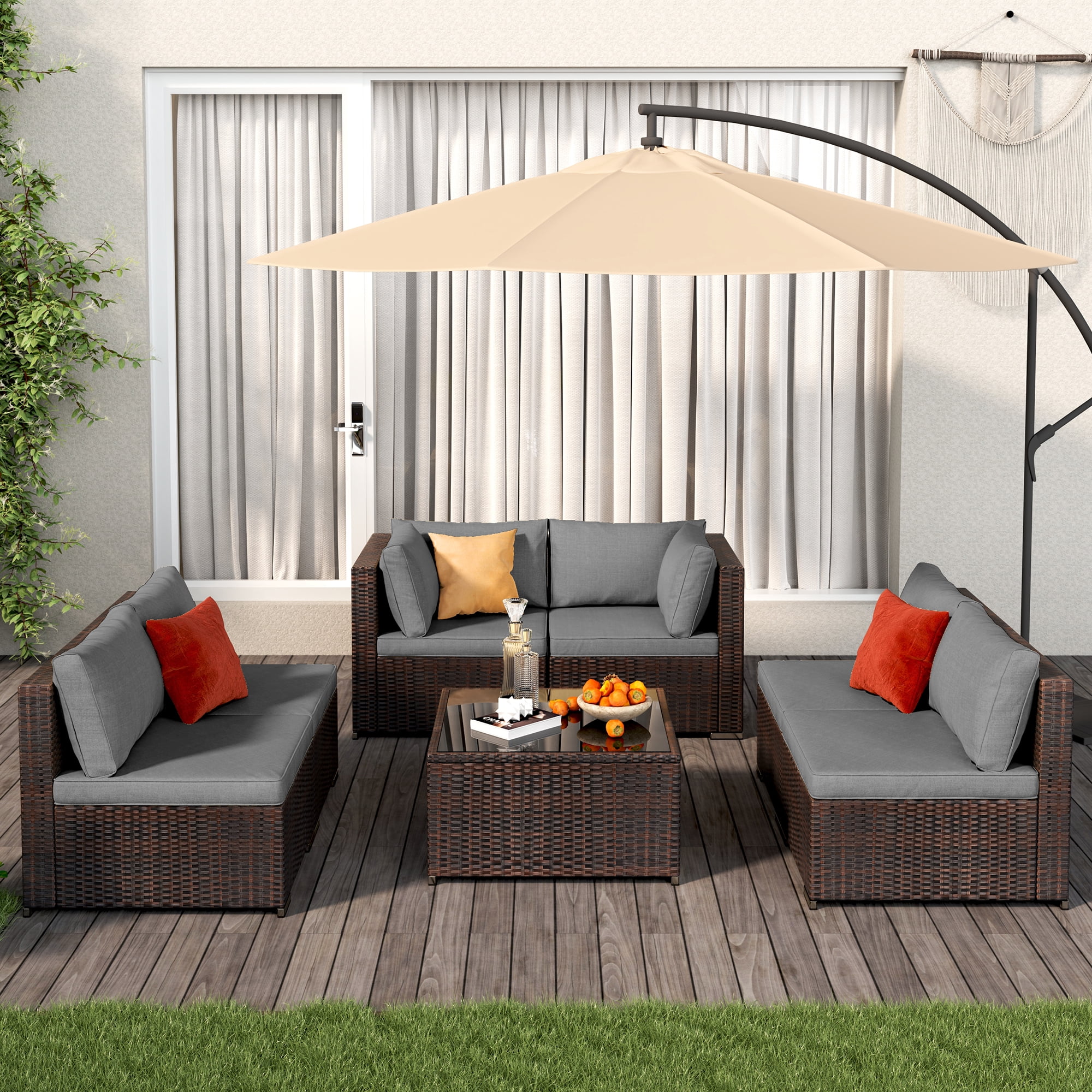 All-Weather 7 Piece Patio Furniture Set, Rattan Wicker Outdoor Conversation Sectional Sofa Set with Glass Table, Gray