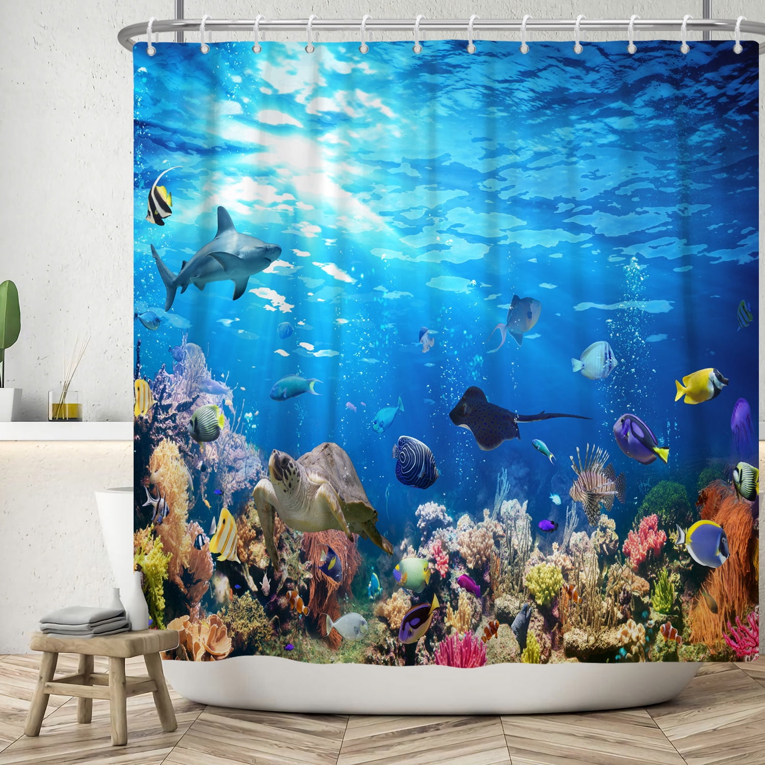 SUNOLIFE Under the Sea Shower Curtain Ocean Coral Fish Fabric Bathroom Curtain with Hooks,47x64 in