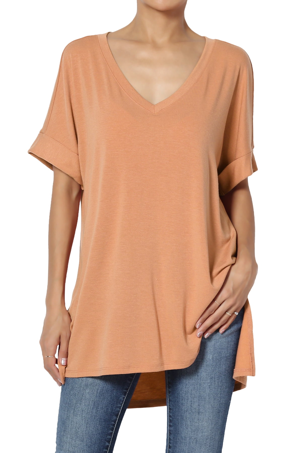 TheMogan S~3X Casual V-Neck Rolled Short Sleeve Hi-Low Side Slit Tunic Top Tee TheMogan S~3X Casual V-Neck Rolled Short Sleeve Hi-Low Side Slit Tunic Top Tee